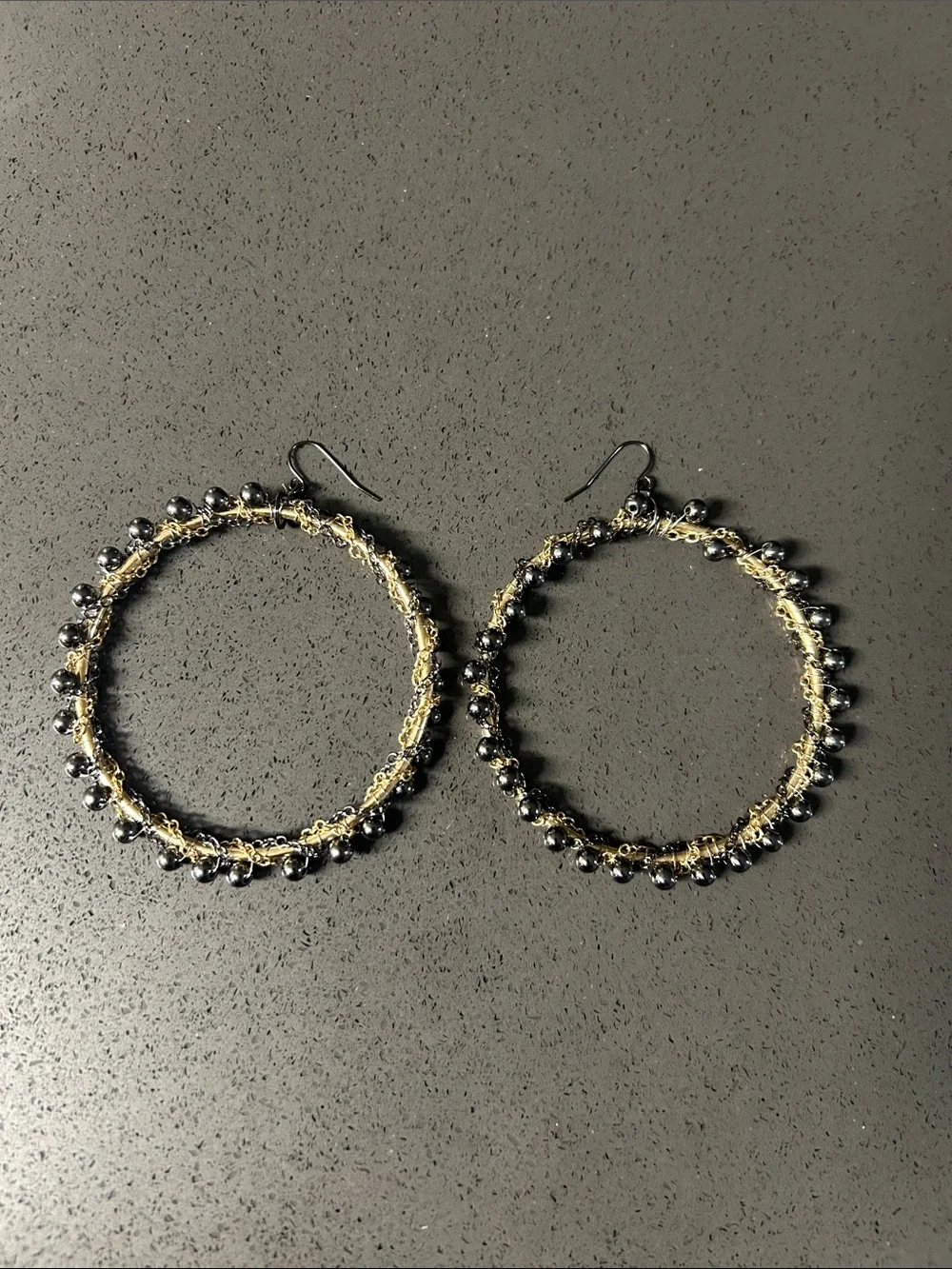 Gold and Black Beaded Hoop Earrings - Women's Fashion Jewelry